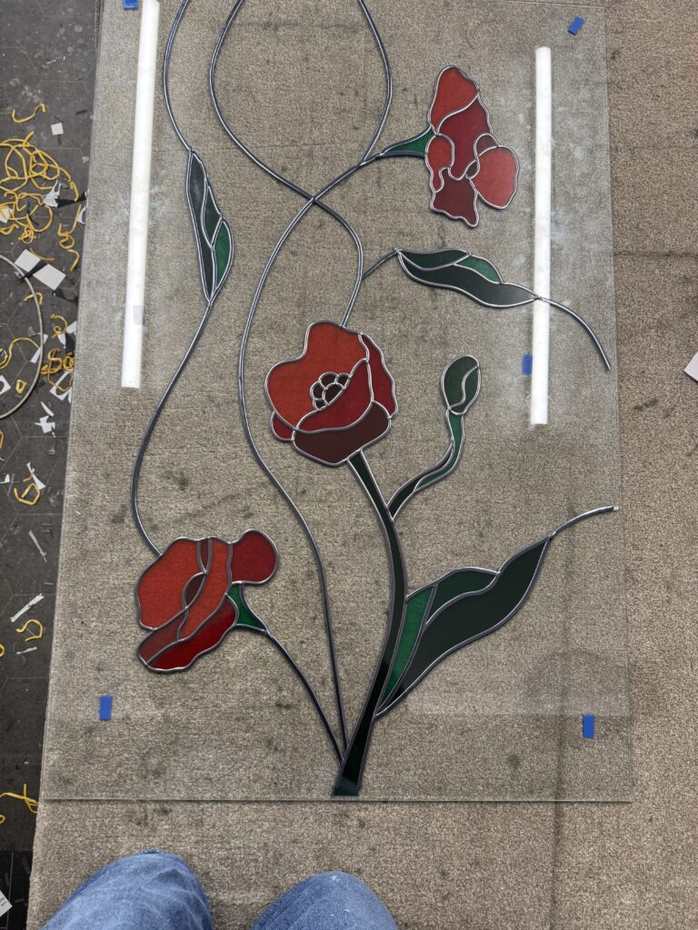 GLASS AND BEYOND MULTI COLORED ROSE LEAD WORK